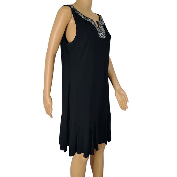 Black  Metallic Embellished VNeck Flapper Inspired Pleat Hem Drop Waist Dress - Picture 3 of 11